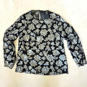 NWT! CLUB MONACO Women's Silk and Silver Jacquard Long Sleeve Top